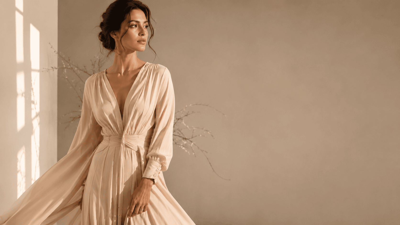 Woman wearing an elegant cream silk dress